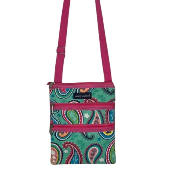 Simply Southern Triple Zip Crossbody Aqua/Pink Paisley - 8 x 10" - Picture 1 of 7